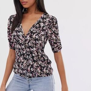 All Saints Kota Freefall Top Blouse in black Floral Short Sleeve Viscose
